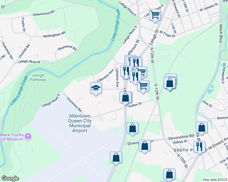 map of restaurants, bars, coffee shops, grocery stores, and more near 1844 17th Street Southwest in Allentown