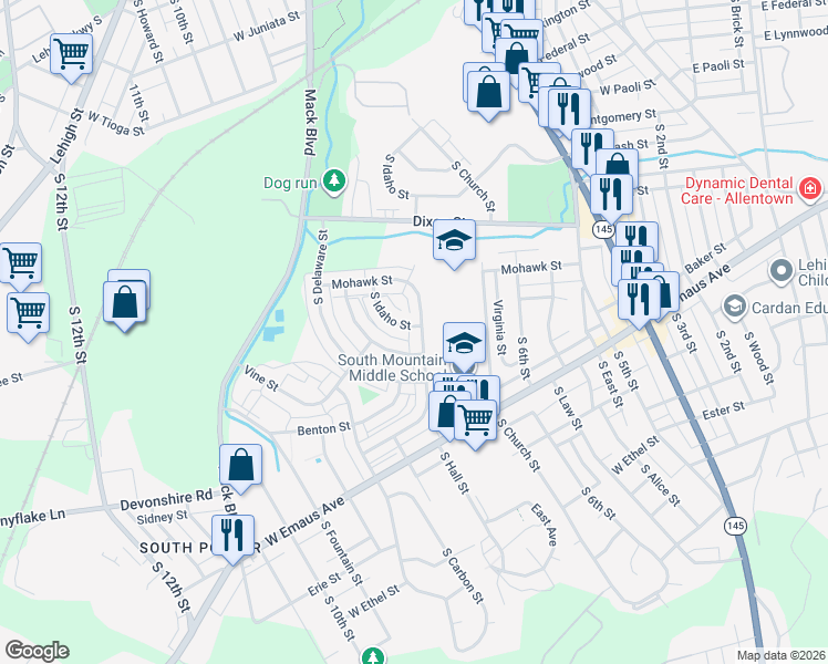 map of restaurants, bars, coffee shops, grocery stores, and more near 1962 Baker Drive in Allentown