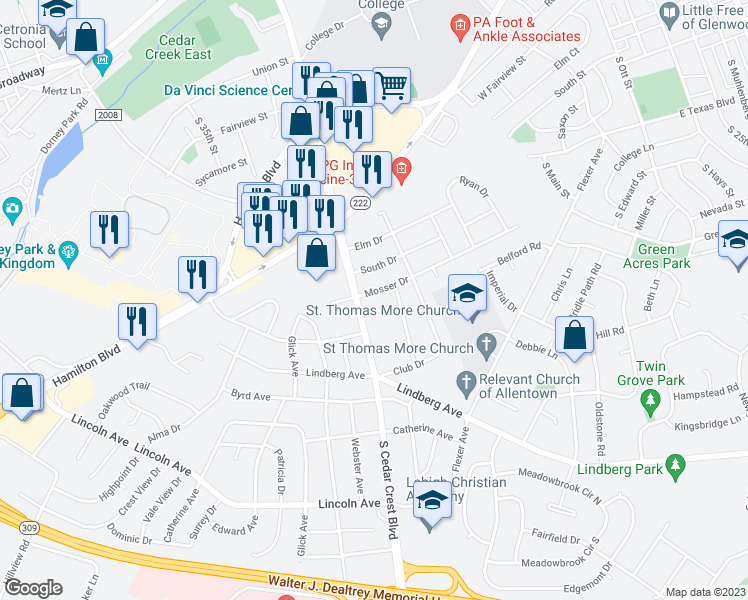 map of restaurants, bars, coffee shops, grocery stores, and more near 3156 South Drive in Allentown
