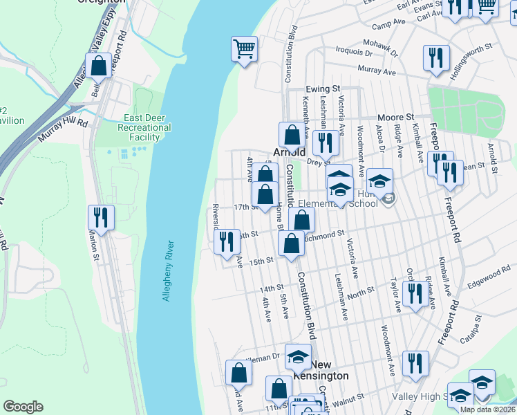 map of restaurants, bars, coffee shops, grocery stores, and more near 1709 5th Avenue in Arnold