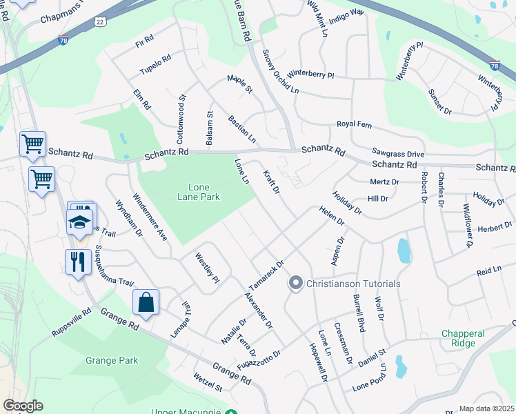 map of restaurants, bars, coffee shops, grocery stores, and more near 108 Lone Lane in Allentown