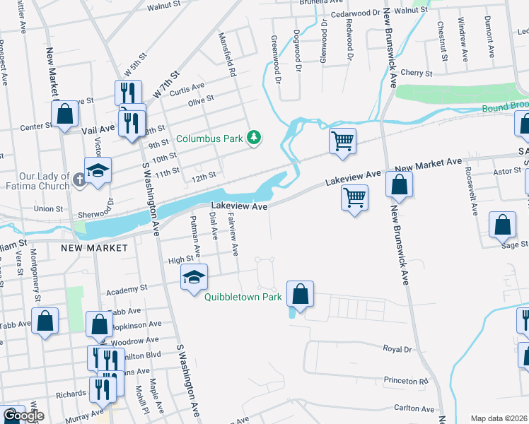 map of restaurants, bars, coffee shops, grocery stores, and more near 99 Lakeview Avenue in Piscataway