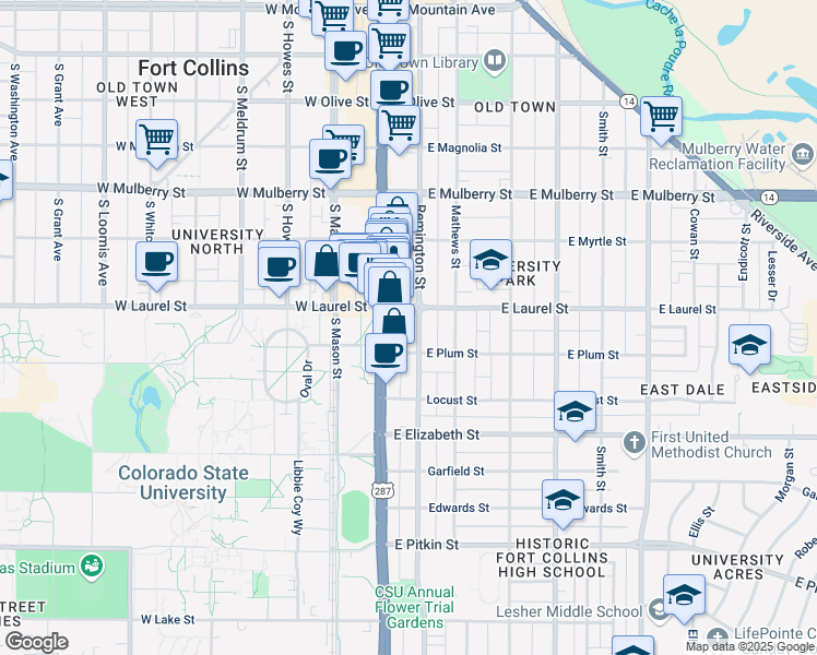 map of restaurants, bars, coffee shops, grocery stores, and more near 715 Remington Street in Fort Collins