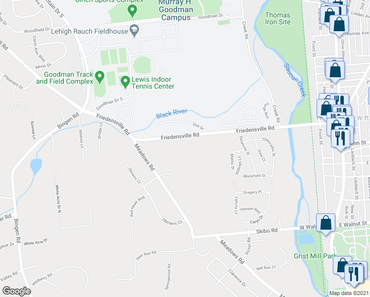 map of restaurants, bars, coffee shops, grocery stores, and more near 1804 Friedensville Road in Bethlehem