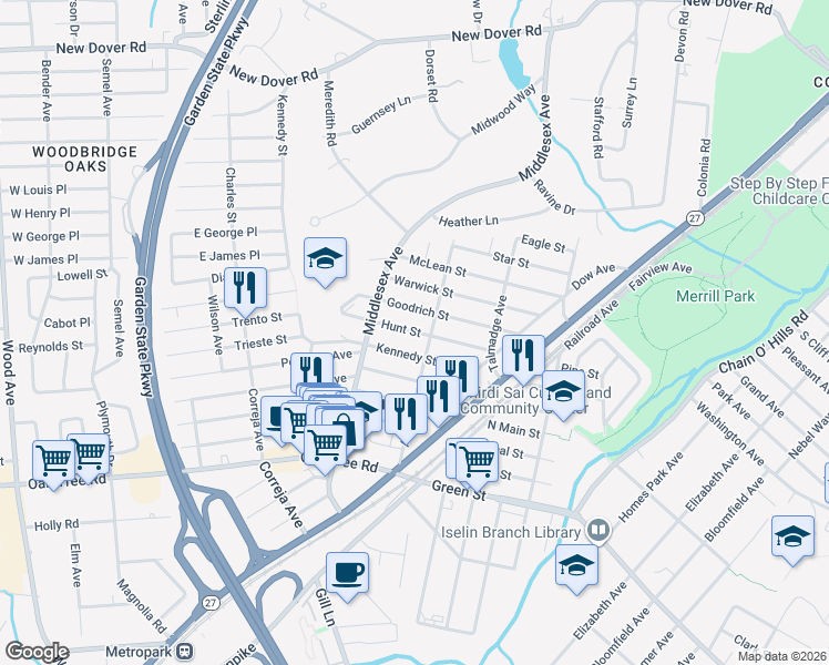 map of restaurants, bars, coffee shops, grocery stores, and more near 95 Goodrich Street in Woodbridge Township