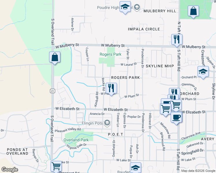 map of restaurants, bars, coffee shops, grocery stores, and more near 808 Rocky Road in Fort Collins