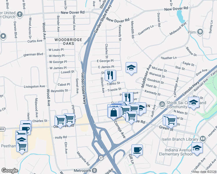map of restaurants, bars, coffee shops, grocery stores, and more near 66 Trento Street in Woodbridge Township