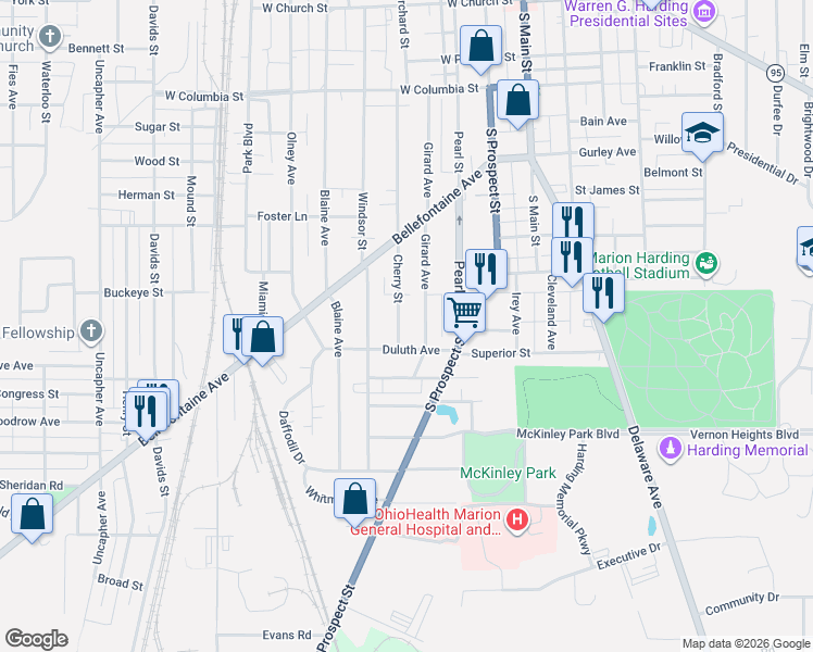 map of restaurants, bars, coffee shops, grocery stores, and more near 617 Girard Avenue in Marion