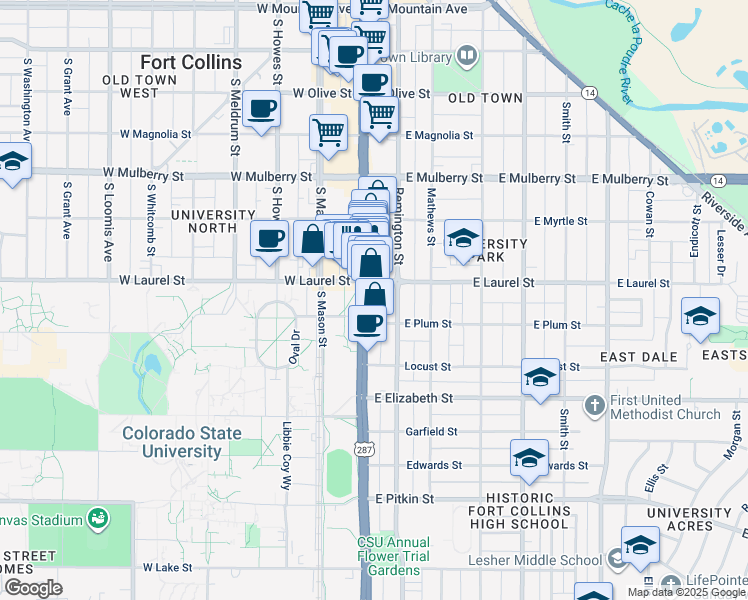 map of restaurants, bars, coffee shops, grocery stores, and more near 107 East Laurel Street in Fort Collins