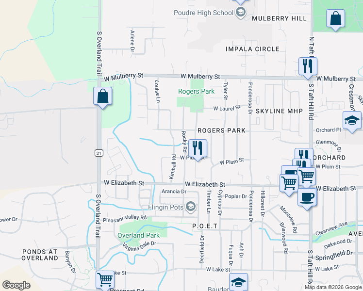 map of restaurants, bars, coffee shops, grocery stores, and more near 808 Rocky Road in Fort Collins