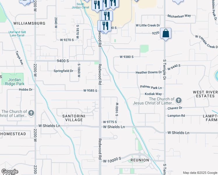map of restaurants, bars, coffee shops, grocery stores, and more near 1659 Peaceful Park Lane in South Jordan