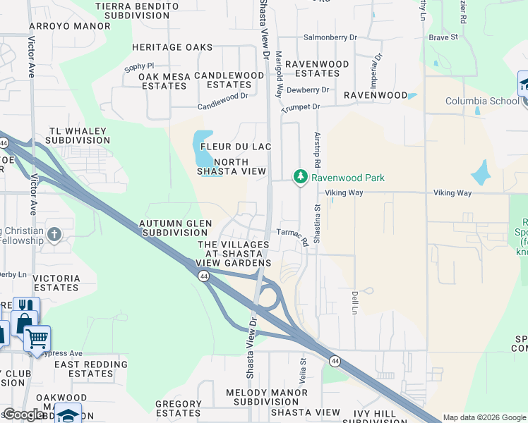 map of restaurants, bars, coffee shops, grocery stores, and more near 2286 Milano Trail in Redding