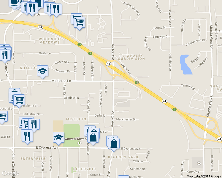 map of restaurants, bars, coffee shops, grocery stores, and more near 2021 Victor Avenue in Redding