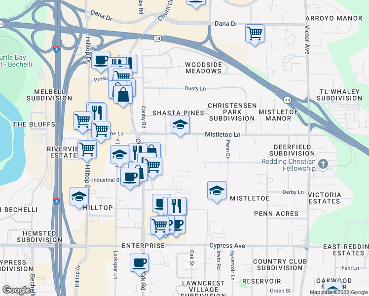map of restaurants, bars, coffee shops, grocery stores, and more near 1225 Mistletoe Lane in Redding