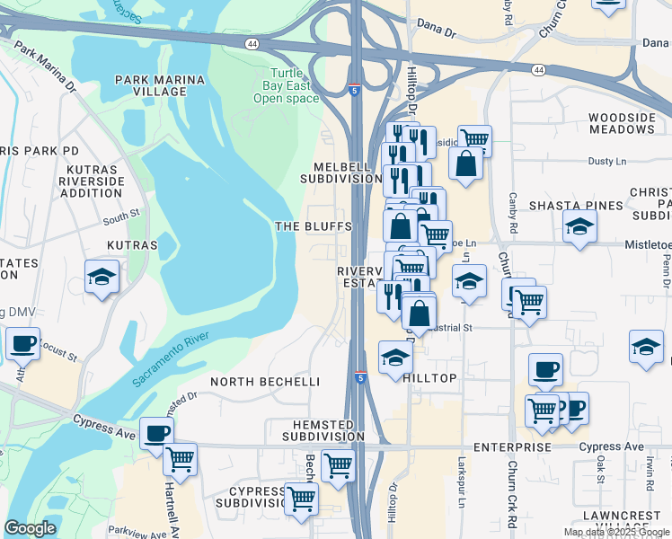 map of restaurants, bars, coffee shops, grocery stores, and more near 2065 Bechelli Lane in Redding