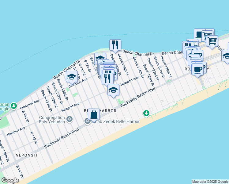 map of restaurants, bars, coffee shops, grocery stores, and more near 258 Beach 128th Street in Queens