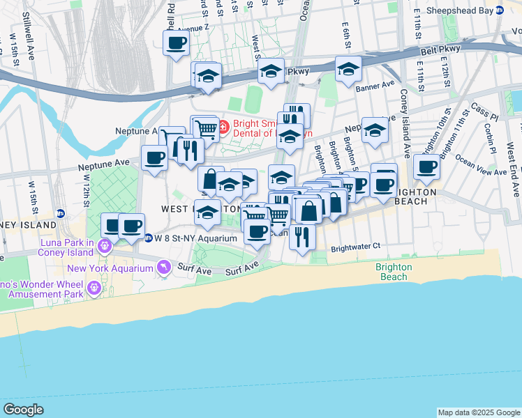map of restaurants, bars, coffee shops, grocery stores, and more near 3000 West 1st Street in Brooklyn