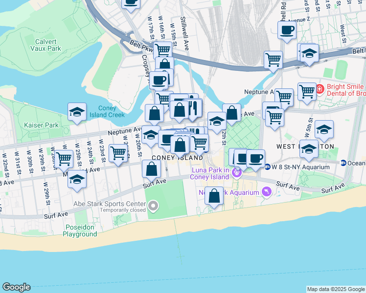 map of restaurants, bars, coffee shops, grocery stores, and more near 2844 West 15th Street in Brooklyn