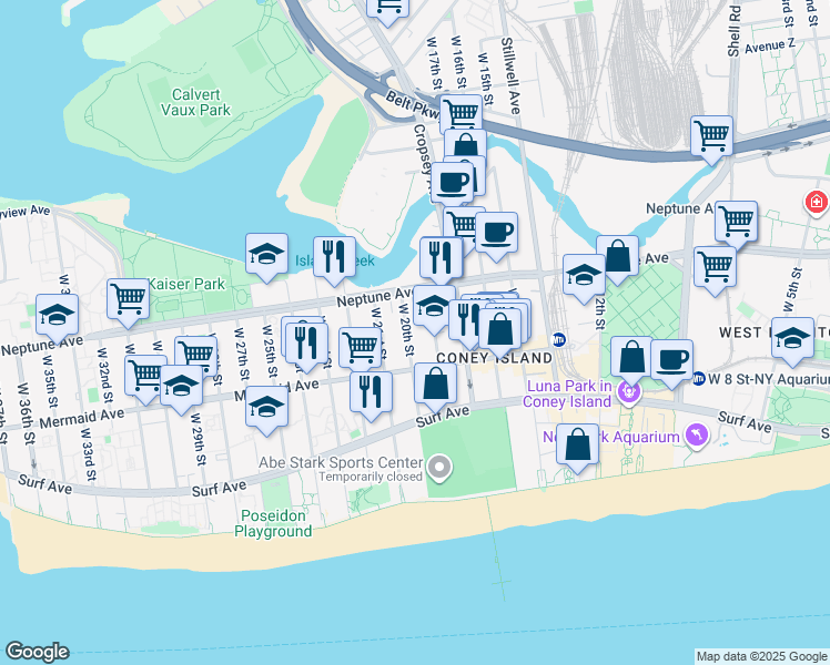 map of restaurants, bars, coffee shops, grocery stores, and more near 2824 West 20th Street in Brooklyn