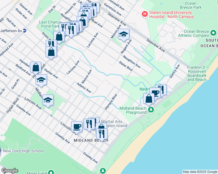 map of restaurants, bars, coffee shops, grocery stores, and more near 11 Grimsby Street in Staten Island