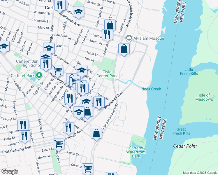 map of restaurants, bars, coffee shops, grocery stores, and more near 88 Locust Street in Carteret