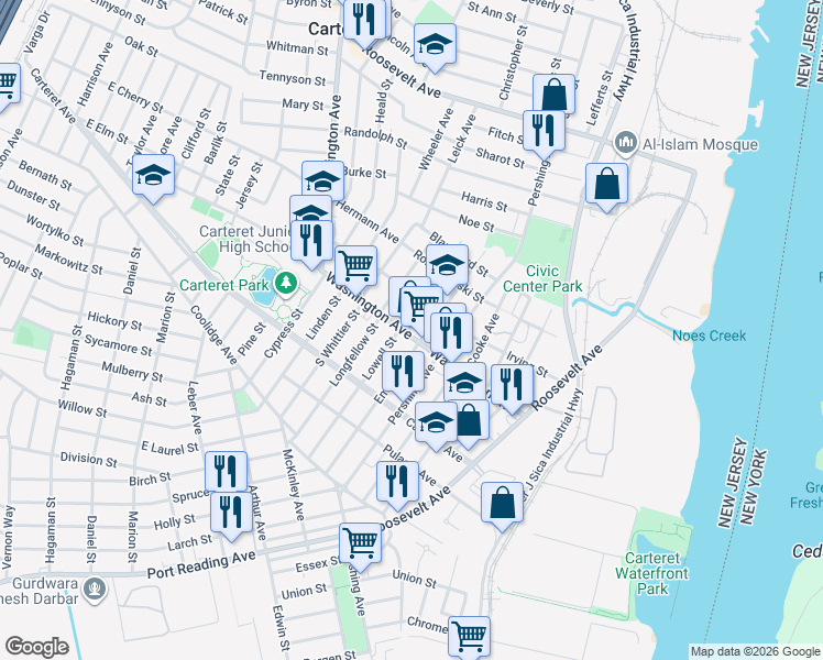map of restaurants, bars, coffee shops, grocery stores, and more near 100 Lowell Street in Carteret