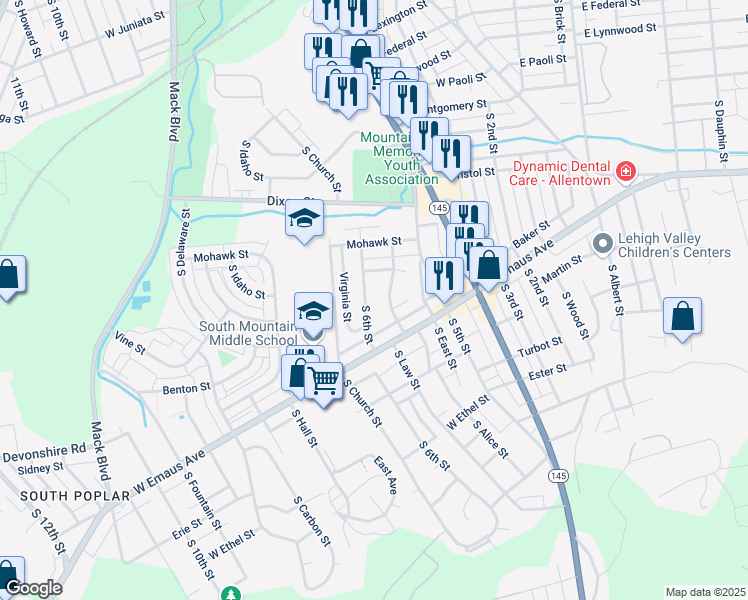 map of restaurants, bars, coffee shops, grocery stores, and more near 1951 South 6th Street in Allentown