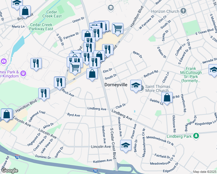 map of restaurants, bars, coffee shops, grocery stores, and more near 3156 South Drive in Allentown