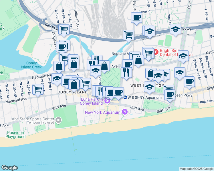 map of restaurants, bars, coffee shops, grocery stores, and more near 2881 West 12th Street in Brooklyn
