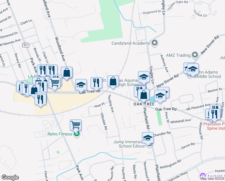 map of restaurants, bars, coffee shops, grocery stores, and more near 2138 Oak Tree Road in Edison