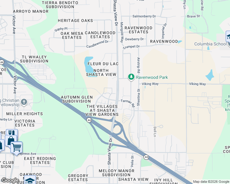 map of restaurants, bars, coffee shops, grocery stores, and more near 2286 Milano Trail in Redding
