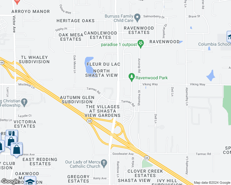 map of restaurants, bars, coffee shops, grocery stores, and more near 2286 Milano Trail in Redding