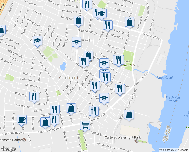 map of restaurants, bars, coffee shops, grocery stores, and more near 99 Washington Avenue in Carteret