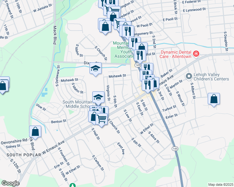 map of restaurants, bars, coffee shops, grocery stores, and more near 1951 South 6th Street in Allentown