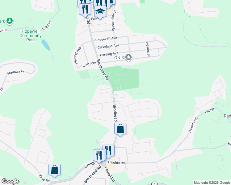 map of restaurants, bars, coffee shops, grocery stores, and more near 2171 Brodhead Road in Aliquippa