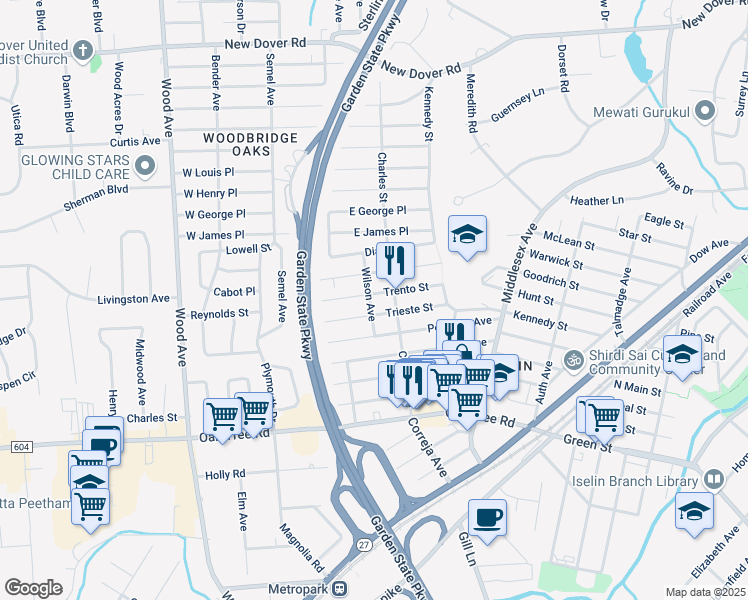 map of restaurants, bars, coffee shops, grocery stores, and more near 66 Trento Street in Woodbridge Township