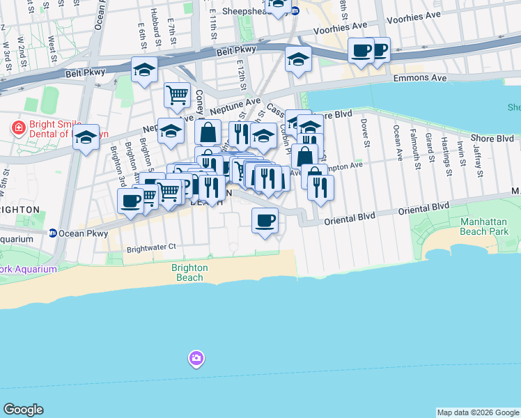 map of restaurants, bars, coffee shops, grocery stores, and more near 3086 Brighton 14th Street in Brooklyn