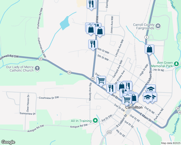 map of restaurants, bars, coffee shops, grocery stores, and more near 125 Canton Road Northwest in Carrollton