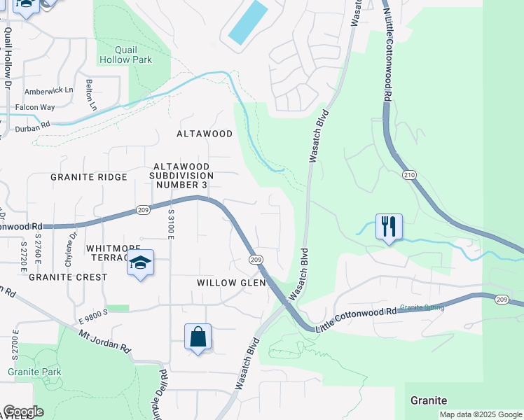 map of restaurants, bars, coffee shops, grocery stores, and more near 3357 Glacier Lane in Sandy