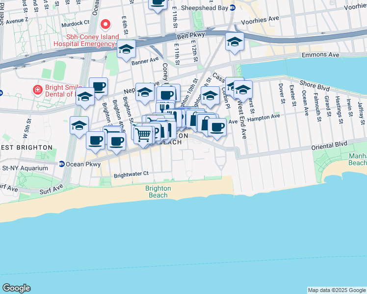 map of restaurants, bars, coffee shops, grocery stores, and more near 40 Oceana Drive West in Brooklyn