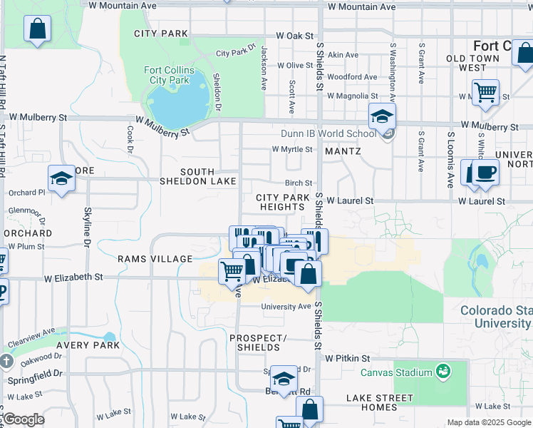 map of restaurants, bars, coffee shops, grocery stores, and more near Baystone Drive in Fort Collins