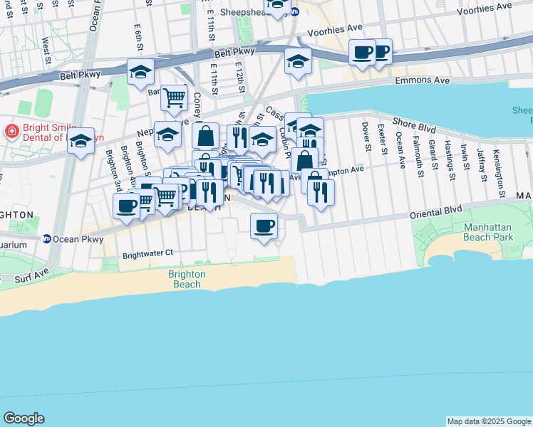 map of restaurants, bars, coffee shops, grocery stores, and more near 1150 Brighton Beach Avenue in Brooklyn
