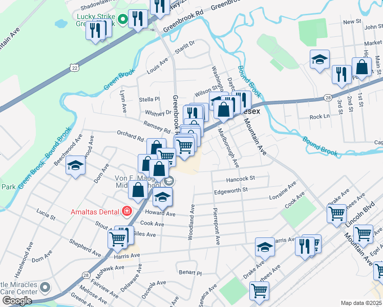 map of restaurants, bars, coffee shops, grocery stores, and more near 738 Union Avenue in Middlesex