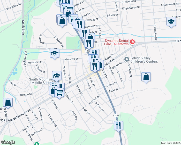 map of restaurants, bars, coffee shops, grocery stores, and more near 1971 South 5th Street in Allentown