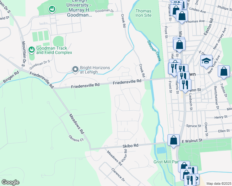 map of restaurants, bars, coffee shops, grocery stores, and more near 1990 Mattis Street in Hellertown