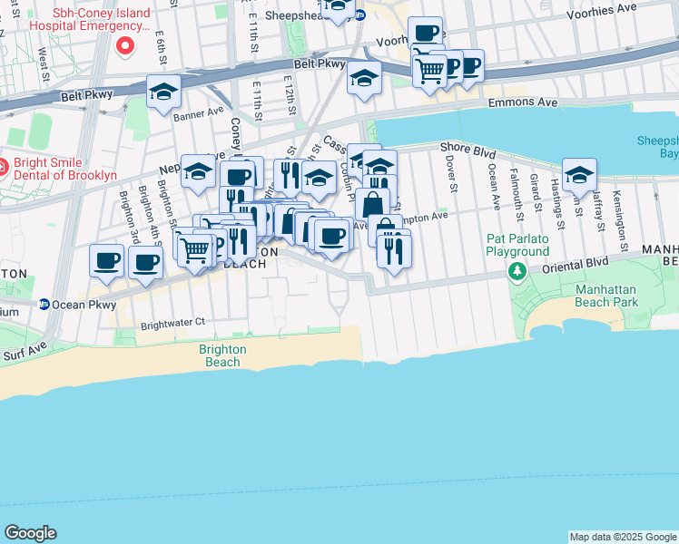 map of restaurants, bars, coffee shops, grocery stores, and more near 1151 Brighton Beach Avenue in Brooklyn