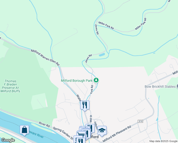 map of restaurants, bars, coffee shops, grocery stores, and more near 203 York Road in Milford