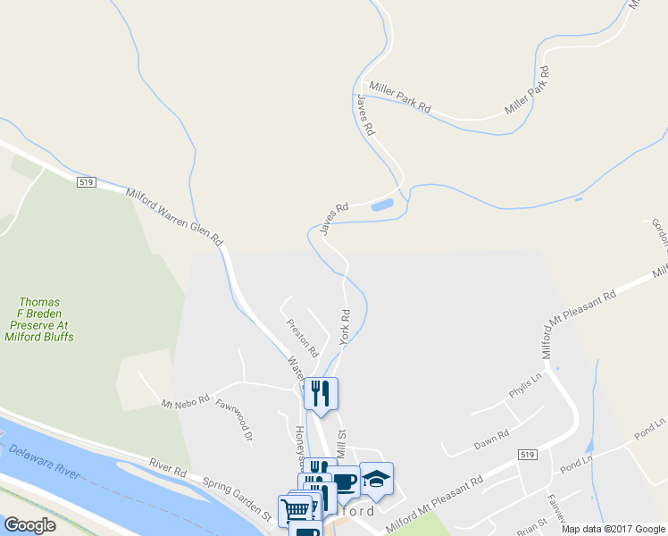 map of restaurants, bars, coffee shops, grocery stores, and more near 203 York Road in Milford