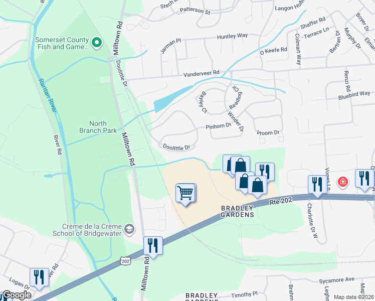 map of restaurants, bars, coffee shops, grocery stores, and more near 2413 Doolittle Drive in Bridgewater Township