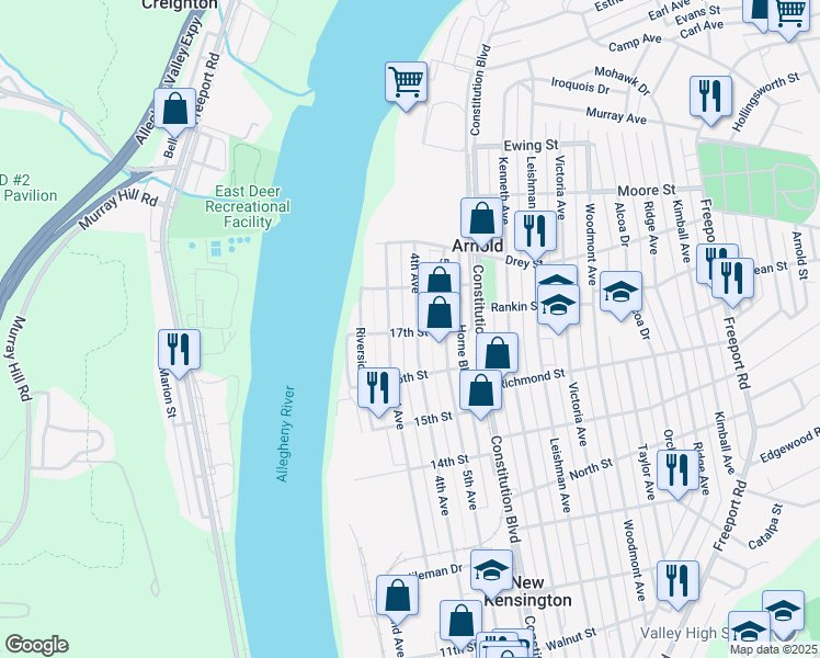 map of restaurants, bars, coffee shops, grocery stores, and more near 1714 3rd Avenue in New Kensington